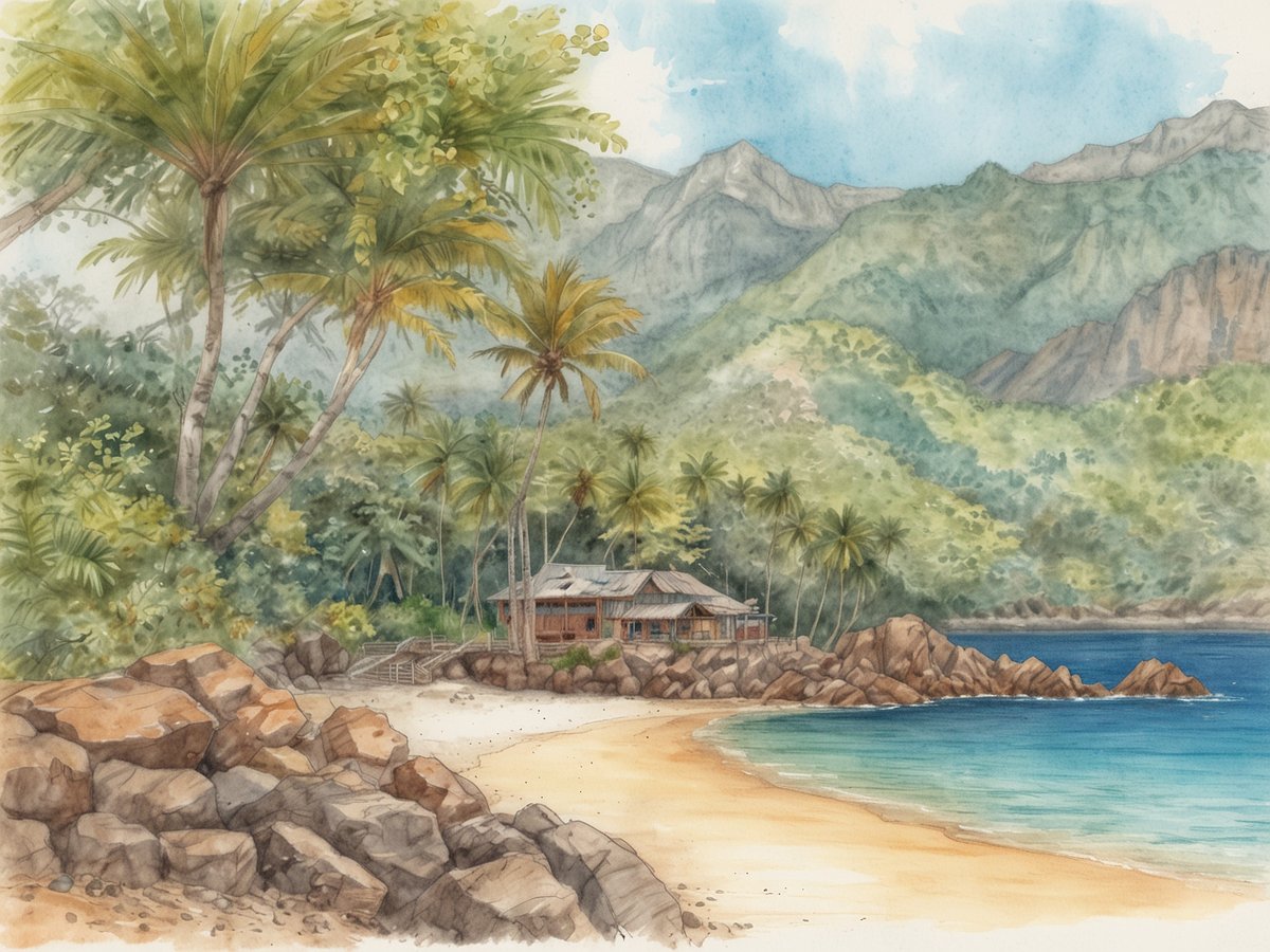 Eine malerische Küstenlandschaft mit üppigen Palmen und sanften Hügeln im Hintergrund. An einem weißen Sandstrand steht ein charmantes, rustikales Holzhaus, das von großen, grauen Steinen umgeben ist. Das klare, türkisfarbene Wasser des Meeres spiegelt den Himmel wider, während die Berge im Hintergrund sanft im Nebel liegen. Die gesamte Szenerie strahlt eine entspannende, tropische Atmosphäre aus.