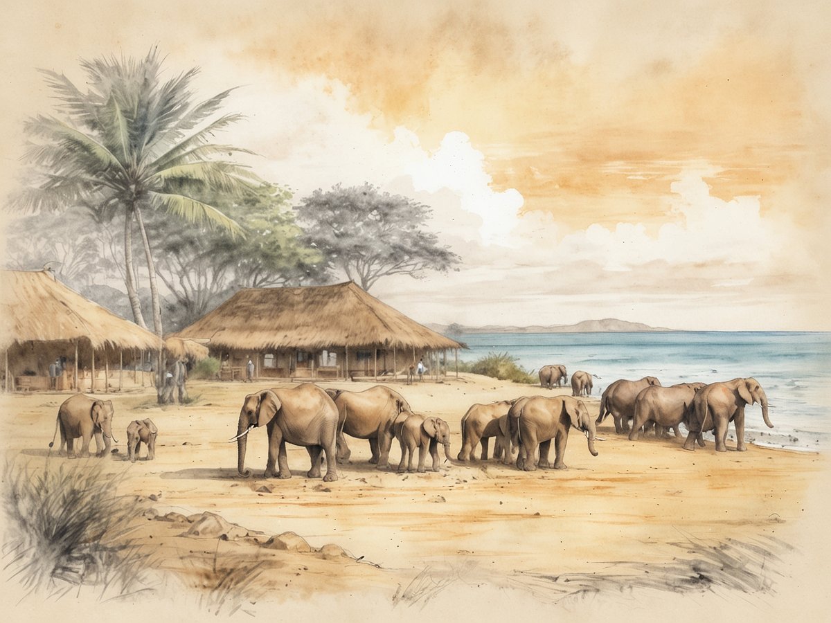 Eine friedliche Szene am Strand zeigt eine Herde von Elefanten, die sich am Wasser aufhalten. Im Hintergrund sind mehrere traditionelle Hütten mit Strohdächern und Palmen zu sehen. Der Himmel ist in sanften Orangetönen gefärbt, was auf einen Sonnenuntergang hindeutet. Einige Elefanten werden von zwei kleinen Elefanten begleitet, während sie sich in der Nähe des Wassers bewegen. Die idyllische Landschaft vermittelt ein Gefühl von Ruhe und natürlicher Schönheit in Tansania, wo Safari und Küste aufeinandertreffen.