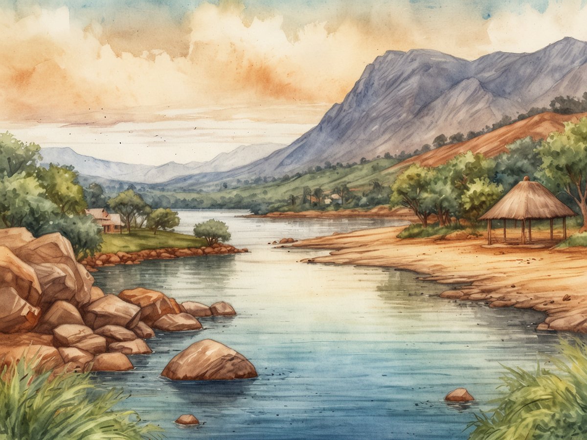 Eine ruhige und malerische Landschaft zeigt einen Fluss, der sanft zwischen grünen Bäumen und felsigen Ufern fließt. Im Hintergrund sind sanfte Hügel und beeindruckende Berge zu sehen, deren Gipfel in sanften Farben des Sonnenuntergangs erleuchtet werden. Am Ufer stehen einige Felsen und eine kleine Hütte ist auf der linken Seite sichtbar, eingebettet in die üppige Vegetation. Rechts befindet sich eine überdachte Sitzgelegenheit, die zum Entspannen am Wasser einlädt. Diese friedliche Szene verkörpert die Schönheit und Ruhe von Malawi, dem warmen Herzen Afrikas.