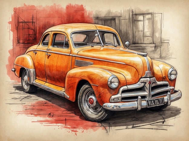 Auf dem Bild ist ein klassisches Auto in einer leuchtend orangefarbenen Farbe zu sehen. Es erinnert an die schöne Zeit des Automobilbaus. Man könnte sagen, es strahlt eine gewisse Nostalgie aus, die an unbeschwerte Tage erinnert. Wenn man sich das Bild anschaut, könnte man sich auch eine gemütliche Atmosphäre vorstellen, in der man bei einem Picknick mit Freunden an einem sonnigen Tag ein leckeres Essen wie Burger und erfrischende Getränke genießen würde.