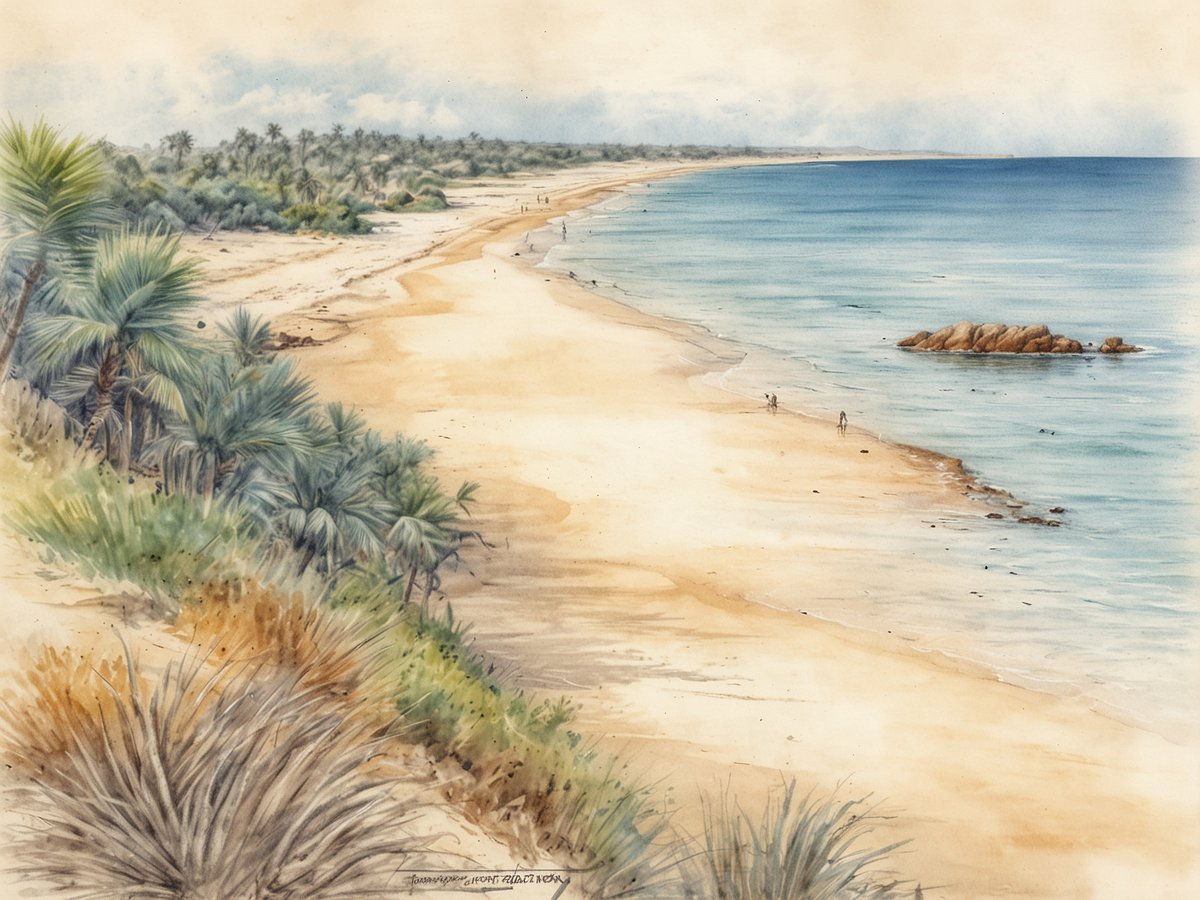 Ein malerischer Strand in Mosambik, umgeben von üppiger Vegetation und Palmen. Der weiße Sandstrand erstreckt sich bis zum glitzernden, blauen Wasser des Ozeans. Einige Personen spazieren am Ufer entlang, während sanfte Wellen auf die Küste treffen. In der Ferne ist eine natürliche Felsformation sichtbar, die dem Landschaftsbild zusätzliche Schönheit verleiht. Diese Szenerie verkörpert die entspannte Kultur und die Abenteuerlust, die Mosambik zu bieten hat.