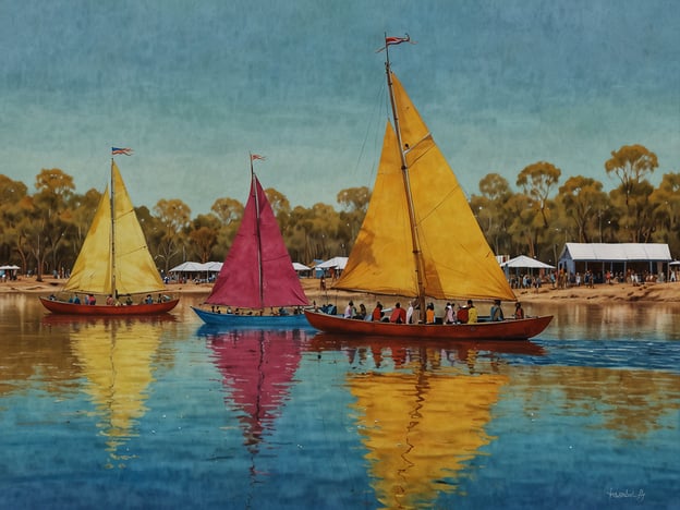 Auf dem Bild sind bunte Segelboote auf einem ruhigen Gewässer zu sehen, umgeben von einer freundlichen Atmosphäre mit Menschen am Ufer. In Alice Springs finden regelmäßig besondere Events und Festivals statt, die zum Gemeinschaftsgefühl beitragen. Eines dieser Events ist das **Alice Springs Beanie Festival**, bei dem kreative Beanies gezeigt und verkauft werden. Ein weiteres Highlight ist die **Desert Festival**, wo Musik, Tanz und Kunst im Mittelpunkt stehen und oft auch Aktivitäten im Freien stattfinden, ähnlich wie auf dem Bild mit den Segelbooten. Diese Festivals ziehen viele Besucher an und feiern die Kultur und die Gemeinschaft der Region.