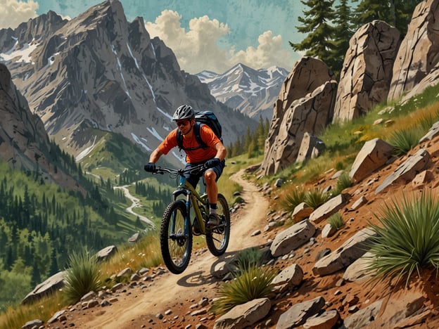 Auf dem Bild ist ein Mountainbiker zu sehen, der mit einem sportlichen Fahrrad einen steilen, schottrigen Trail in einer Berglandschaft hinunterfährt. Die Umgebung ist geprägt von majestätischen Bergen, grünen Wäldern und einem klaren Himmel, was eine perfekte Kulisse für Abenteuer und Outdoor-Aktivitäten bietet.

In dieser Umgebung bieten sich zahlreiche Möglichkeiten für aufregende Abenteuer. Man könnte zum Beispiel Wanderungen zu den Gipfeln unternehmen, die atemberaubenden Ausblicke genießen oder sich in der Natur entspannen. Auch Aktivitäten wie Klettern, Campen oder Fotografieren der beeindruckenden Landschaften wären hier sehr beliebt. Insgesamt strahlt die Szenerie ein Gefühl von Freiheit und Erkundungsdrang aus.