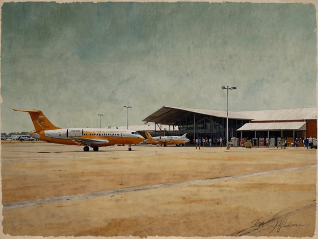 Auf dem Bild ist ein Flughafen zu sehen, wahrscheinlich in Broome, Australien. Es sind zwei Flugzeuge mit gelben und weißen Farben abgebildet, die auf dem Vorfeld stehen. Das Gebäude im Hintergrund ist das Terminal, wo Passagiere ankommen und abfliegen. 

Für die Anreise nach Broome ist die Luftfahrt die Hauptoption, da der Flughafen ein wichtiger Knotenpunkt für nationale und internationale Flüge ist. Nach der Ankunft können Besucher verschiedene Fortbewegungsmöglichkeiten nutzen, wie Mietwagen oder Shuttlebusse, um die Umgebung zu erkunden. Broome ist bekannt für seine Strände und touristischen Attraktionen, die oft mit dem Auto oder Fahrrad erreicht werden.