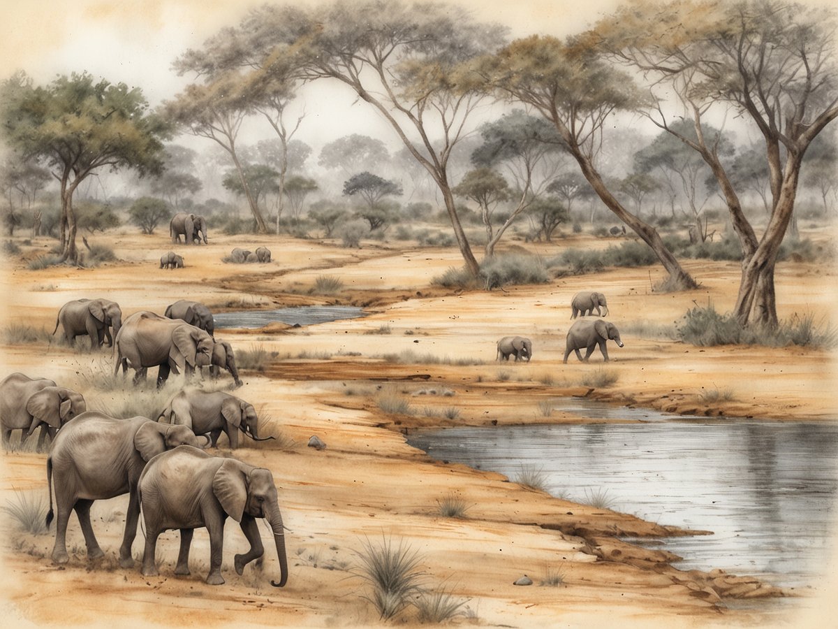 Eine friedliche Szene zeigt eine Herde von Elefanten, die an einem Wasserlauf in der savannenähnlichen Landschaft Sambias grasen. Im Hintergrund sind weitere Elefanten und schattenspendende Bäume zu sehen. Die trockene Erde und das sanfte Licht vermitteln die Ruhe und die unberührte Natur Afrikas. Gräser und kleine Sträucher umgeben die Elefanten, während das Wasser des Flusses leicht reflektiert. Die Gesamtstimmung erinnert an die wilde Schönheit der afrikanischen Savanne.