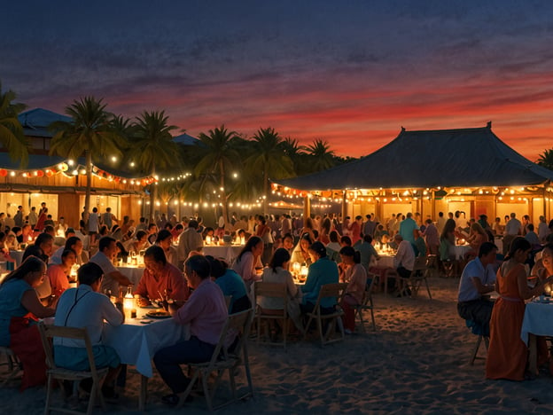 Auf dem Bild ist eine lebendige Strandszene bei Dämmerung zu sehen, in der viele Menschen an langen Tafeln sitzen, die mit Kerzen und Lichtern geschmückt sind. Die Atmosphäre wirkt festlich und einladend. Die Umgebung ist tropisch, mit Palmen und einem gestrickten Pavillon im Hintergrund.

Kulturelle Highlights könnten in dieser Szenerie örtliche Feste oder kulinarische Veranstaltungen sein, bei denen regionale Spezialitäten serviert werden. Diese Art von Abendessen könnte verschiedene Einflüsse der lokalen Küche widerspiegeln, vielleicht frische Meeresfrüchte, traditionelle Grillgerichte oder exotische Früchte. Solche Erlebnisse fördern nicht nur den Genuss des Essens, sondern auch den Austausch von Geschichten und Traditionen zwischen den Gästen. Das Zusammensein in dieser malerischen Kulisse unterstreicht die kulturelle Vielfalt und den gemeinschaftlichen Zusammenhalt.