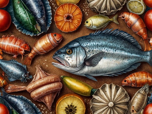 Auf dem Bild sind verschiedene Meeresfrüchte und Fische zu sehen, die eine exquisite kulinarische Vielfalt darstellen. Man erkennt große Fische, Garnelen, Muscheln und verschiedene kleine Fische, die alle frisch und einladend aussehen. Dazu kommen einige frische Zutaten wie Zitronen und Tomaten, die wunderbar zu einem delikaten Fischgericht passen würden. Diese Kombination verspricht köstliche kulinarische Erlebnisse, sei es in Form von gegrilltem Fisch, Meeresfrüchte-Pasta oder einer raffinierten Meeresfrüchte-Platte.