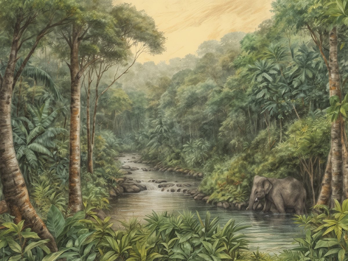 Eine idyllische Landschaft zeigt den unberührten Regenwald von Gabun. Dichte, grüne Bäume und üppiges Blattwerk umgeben einen klaren, sanft fließenden Fluss. Am Ufer steht ein Elefant, der mit einem Rüssel nach Wasser greift. Felsige Bereiche im Wasser und eine vielfältige Pflanzenwelt verstärken das Gefühl von unberührter Natur. Der Himmel ist in sanften Gelbtönen dargestellt, die eine friedliche Morgenstimmung erzeugen.