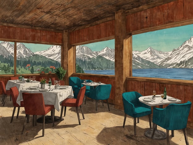 Auf dem Bild ist ein gemütliches Restaurant zu sehen, das von Holzvertäfelungen umgeben ist. Durch große Fenster hat man einen atemberaubenden Blick auf schneebedeckte Berge und einen See. Die Tische sind elegant gedeckt, und gemütliche Stühle laden zum Verweilen ein.

In Zürich gibt es viele Einrichtungen, die ähnliche kulinarische Erlebnisse bieten. Zum Beispiel das Restaurant "Uto Kulm", das hoch oben auf dem Uetliberg liegt und eine fantastische Aussicht auf die Stadt und die Alpen bietet. Ein weiteres Highlight ist das "Heugümper", bekannt für seine kreative Schweizer Küche in einem stilvollen Ambiente. Solche Orte kombinieren oft hervorragendes Essen mit beeindruckenden Ausblicken, was ein unvergessliches Erlebnis schafft.