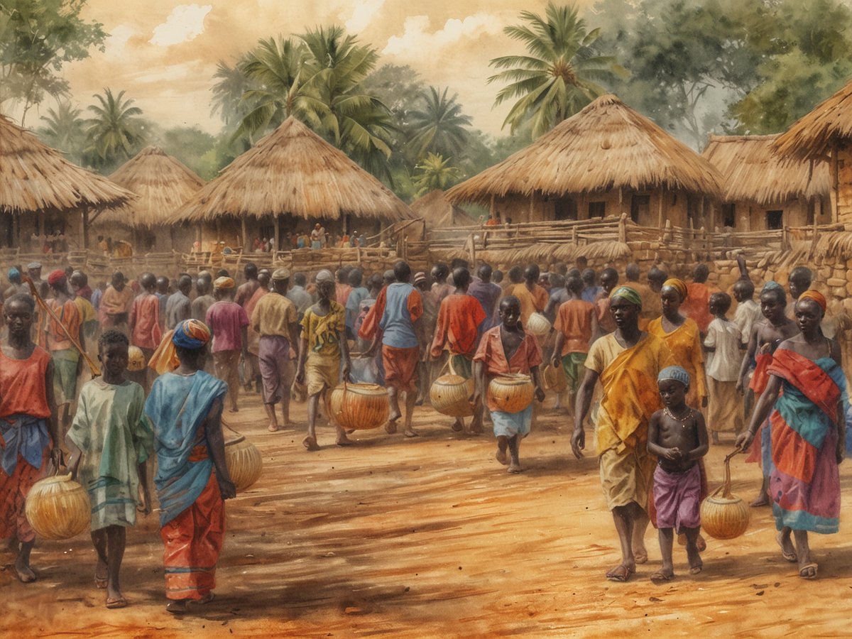 Eine lebhafte Dorfszene in Ghana, in der Menschen in bunten traditionellen Gewändern miteinander interagieren. Die Bewohner tragen geflochtene Körbe und scheinen beschäftigt zu sein, während sie durch den staubigen Weg zwischen Strohhütten und Palmen gehen. Die Umgebung strahlt eine Atmosphäre von Lebensfreude und Gemeinschaft aus, wobei viele Gesichter zu sehen sind, die eine Mischung aus Konzentration und Glück zeigen. Die warmen Erdtöne und das natürliche Licht fördern das Gefühl von Heimat und Vitalität in dieser Szene.