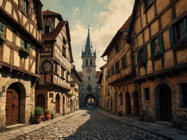 Auf dem Bild ist eine malerische, historische Straße mit Fachwerkhäusern zu sehen, die an die atemberaubende Altstadt von Bern erinnert. Die Gebäude haben denkmalgeschützte Fassaden und es gibt einige dekorierte Fenster mit Blumen. Im Hintergrund ragt ein beeindruckender Turm mit einer Uhr auf, der die Szene prägt. Die gepflasterte Straße verleiht dem Bild einen nostalgischen Charme.