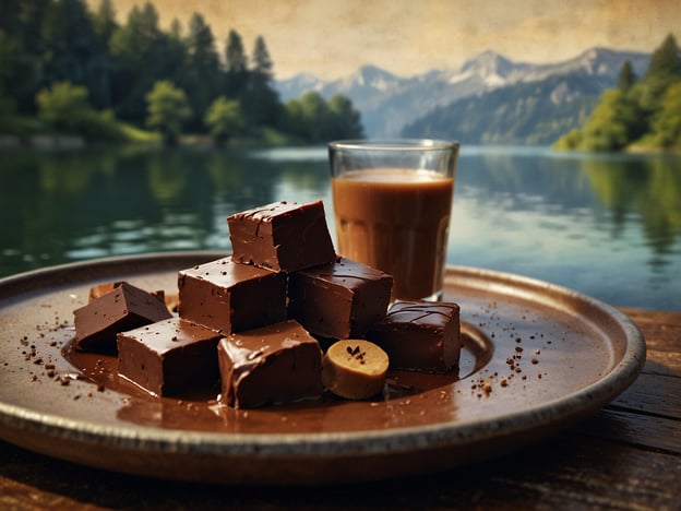 Auf dem Bild sind köstliche Schokoladenstückchen zu sehen, die auf einem rustikalen Teller angerichtet sind. Dazu gibt es ein Glas mit einem dunklen Getränk, das möglicherweise Kaffee oder heiße Schokolade ist. Dies erinnert an die kulinarischen Genüsse in Bern, der Schweizer Hauptstadt, die bekannt ist für ihre exquisite Schokolade und die traditionelle Schweizer Kaffeekultur. Hier kann man viele lokale Chocolatiers entdecken, die feine Pralinen und Schokoladen herstellen, die eine wahre Gaumenfreude sind.