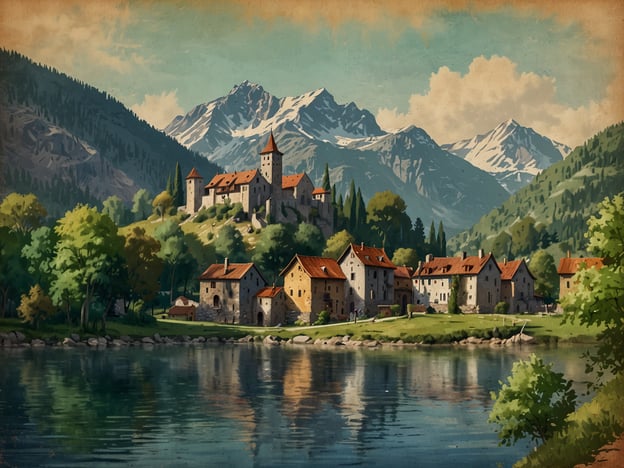 Auf dem Bild ist eine malerische Landschaft mit Bergen, einem ruhigen Gewässer und einem historischen Dorf zu sehen. Solch eine Szene erinnert an Orte im Tessin, die man besuchen sollte. Einige empfehlenswerte Städte und Dörfer sind:

1. **Lugano** - Eine lebendige Stadt am See, bekannt für ihre Uferpromenade und die schönen Berge.
2. **Bellinzona** - Berühmt für ihre beeindruckenden Burgen, die zum UNESCO-Weltkulturerbe gehören.
3. **Ascona** - Ein charmantes Dorf am Lago Maggiore mit einer bezaubernden Altstadt und Bäume am Ufer.
4. **Locarno** - Bekannt für sein mildes Klima, den Lago Maggiore und das Filmfestival.
5. **Brissago** - Eine kleine Gemeinde mit wunderschönen Gärten und herrlichem Seeblick.

Diese Orte bieten eine wunderbare Kombination aus Natur, Kultur und Geschichte.