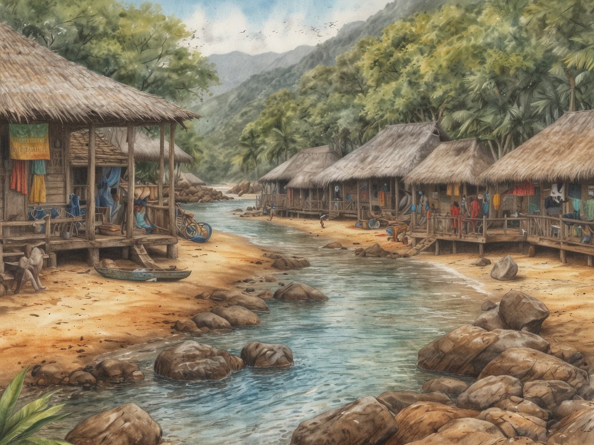Eine malerische Küstenlandschaft in Sierra Leone mit traditionellen Hütten, die am Ufer eines ruhigen Flusses stehen. Die Hütten sind aus Holz mit Strohdächern gebaut und auf Holzplattformen errichtet. Am Strand liegen einige große Steine, und kleine Boote schwimmen im seichten Wasser. Ein paar Menschen stehen auf der Veranda der Hütten oder sitzen am Ufer, während andere am Fluss entlanggehen. Im Hintergrund sind grüne Hügel und Palmen zu sehen, die eine tropische Atmosphäre schaffen. Kleidung hängt an den Veranden und verleiht dem Szenario einen lebendigen Charakter.