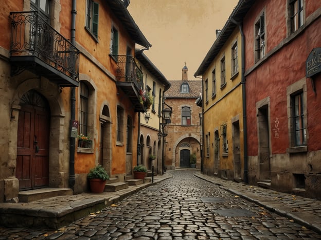 Auf dem Bild ist eine malerische Altstadtstraße zu sehen, die von bunten, historischen Gebäuden gesäumt ist. Die sanften Farben der Häuser und die gepflasterte Straße verleihen der Szene einen charmanten, nostalgischen Charakter. Die Schönheit der Altstadt erkunden, lädt dazu ein, durch die engen Gassen zu schlendern und die architektonischen Details sowie die gemütliche Atmosphäre zu genießen. Laternen und blühende Pflanzen ergänzen das idyllische Bild.