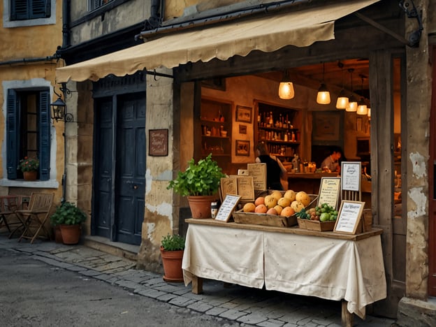 Auf dem Bild ist ein schöner Marktstand zu sehen, der mit frischem Obst dekoriert ist. Solche Stände sind oft ein kulinarisches Highlight der Region, wo saisonale Produkte angeboten werden. Die in den Körben dargestellten Früchte könnten beispielsweise aus der Umgebung stammen, wie saftige Pfirsiche, süße Melonen oder knackige Trauben. Diese regionalen Köstlichkeiten sind ein wichtiger Bestandteil der lokalen Küche und bieten eine hervorragende Möglichkeit, die Aromen der Region in vollen Zügen zu genießen. Der Stand spiegelt zudem die charmante Atmosphäre eines traditionellen Marktes wider, wo lokale Produzenten ihre Erzeugnisse anbieten.