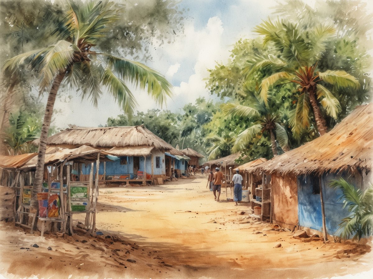 Eine sonnige Straße in einem kleinen Dorf in Gambia zeigt einfache, strohgedeckte Hütten in sanften Blau- und Erdtönen. Palmen und tropisches Grün umgeben die Häuser, während einige Dorfbewohner auf dem staubigen Weg spazieren. Der Himmel ist hell mit einigen Wolken, was die idyllische und ruhige Atmosphäre des ländlichen Lebens unterstreicht.