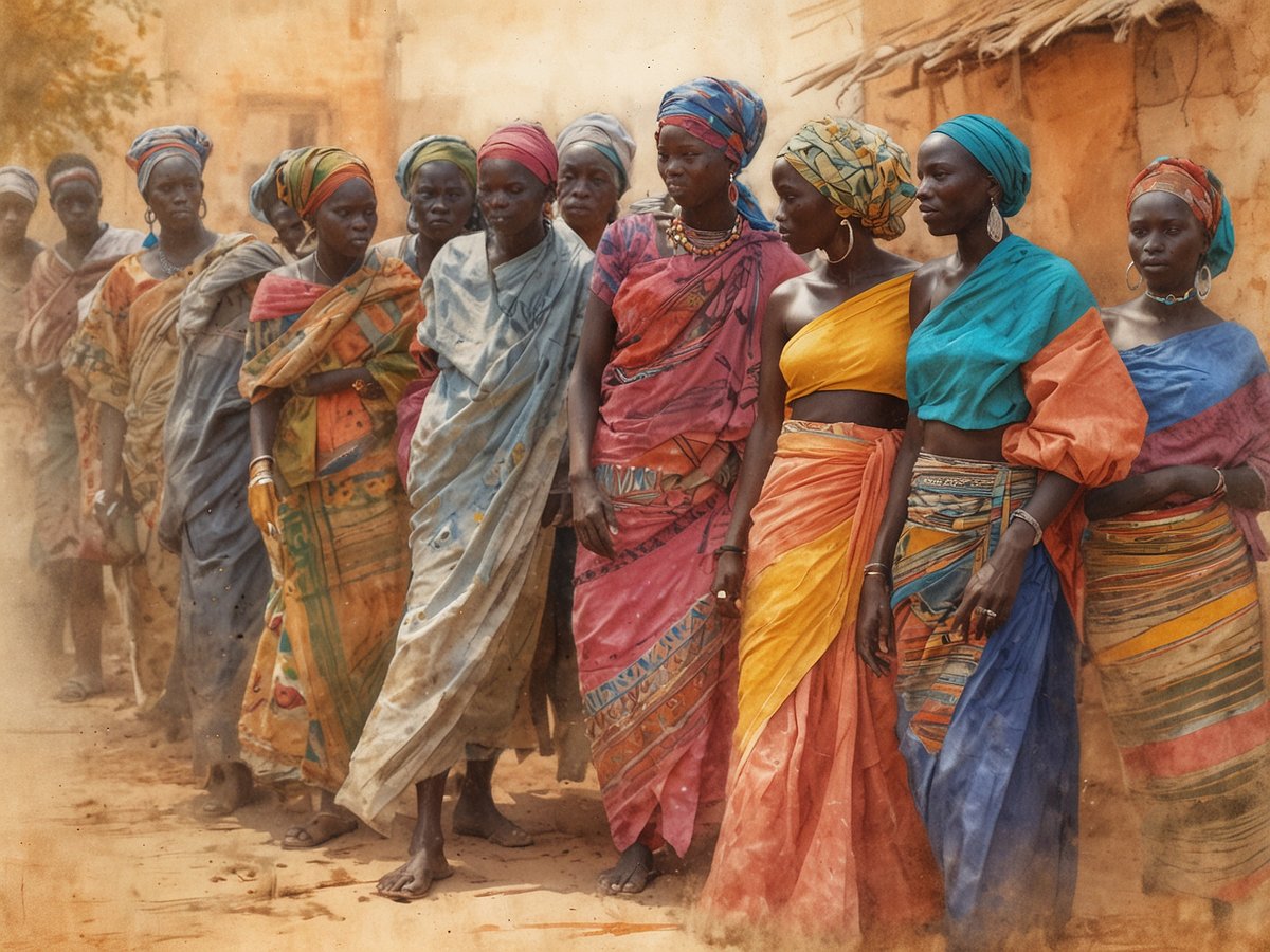 Eine Gruppe von Frauen in farbenfrohen traditionellen Kleidern und Kopfbedeckungen steht in einer Reihe. Die Frauen sind in leuchtenden Farben gekleidet, darunter Blau, Rot, Gelb und verschiedene Muster, die die Vielfalt der senegalesischen Kultur widerspiegeln. Der Hintergrund zeigt eine sandige Umgebung mit einfachen Lehmhäusern, die die ländliche Atmosphäre Senegals unterstreicht. Die Szene vermittelt den Eindruck von Gemeinschaft und traditioneller Lebensweise, die eng mit der Musik und Kultur des Senegal verbunden ist.
