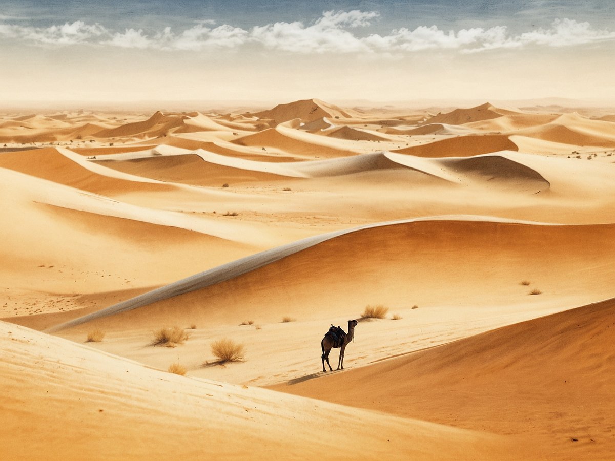 Sanddünen und Wüstenabenteuer in Niger, mit weitläufigen, sanften Sandwellen, die in verschiedenen Gold- und Brauntönen leuchten. In der Mitte des Bildes steht ein einzelner Kamel mit einer Last auf dem Rücken, das die unendliche Wüste durchquert. Der Himmel ist klar, mit einigen leichten Wolken, die den beeindruckenden Blick auf diese karge, aber faszinierende Landschaft ergänzen.