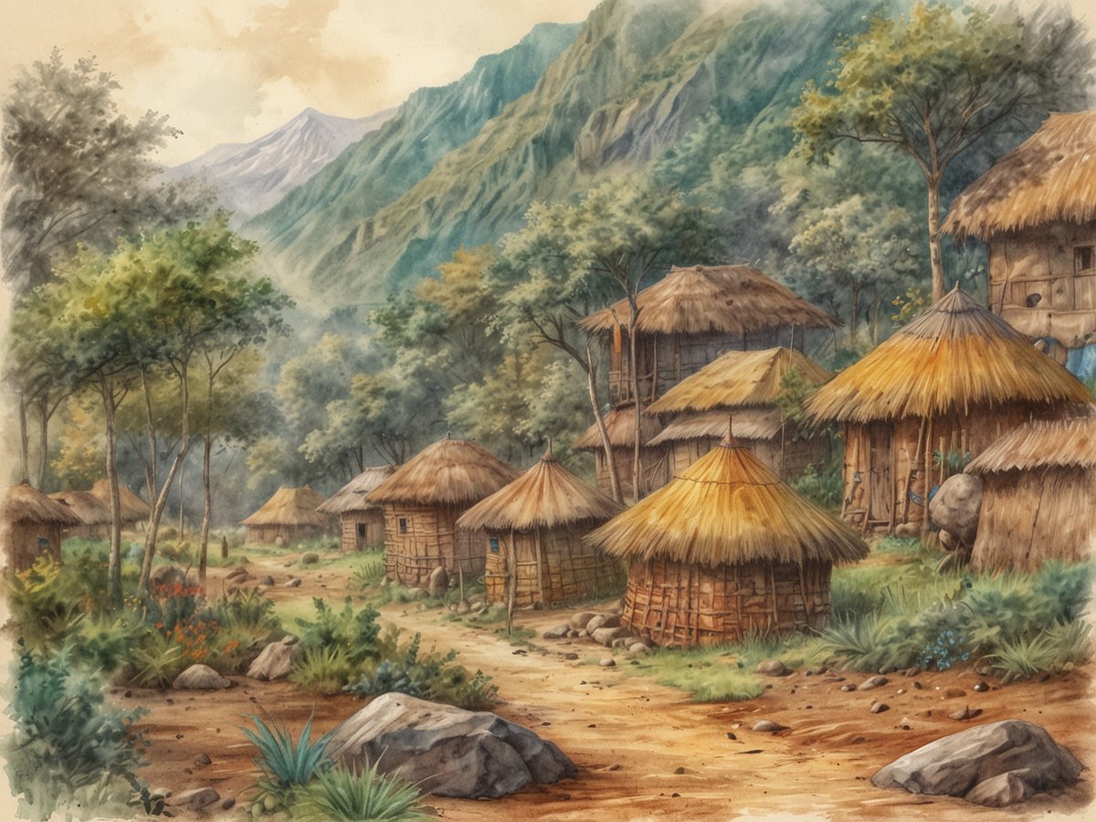 Eine malerische Dorfszene in einer bergigen Landschaft. Im Vordergrund sind mehrere traditionelle Hütten mit Strohdächern zu sehen, die aus natürlichen Materialien gebaut sind. Der Weg, der durch das Dorf führt, ist von Bäumen und verschiedenen Pflanzen gesäumt, während die sanften Hügel im Hintergrund mit üppigem Grün bedeckt sind. Einige Felsen liegen verstreut im Gelände, was die natürliche Schönheit der Umgebung betont. Diese Darstellung spiegelt die Vielfalt und kulturelle Bedeutung von Kamerun wider.