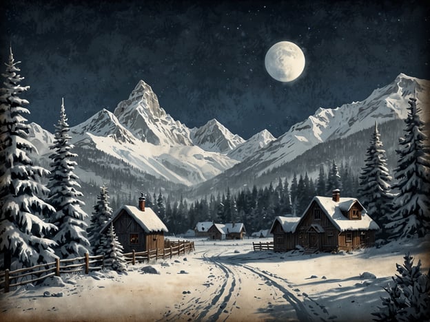 Auf dem Bild ist eine winterliche Landschaft zu sehen. Es zeigt schneebedeckte Berge, Nadelbäume und mehrere Holzhäuser, die in einer verschneiten Umgebung liegen. Der Mond leuchtet am Nachthimmel und verleiht der Szene eine romantische Atmosphäre. 

**Die beste Zeit, um nach Davos zu reisen**, ist typischerweise im Winter, wenn die Skisaison in vollem Gange ist und die schneebedeckten Berge die ideale Kulisse für Wintersportarten bieten. Dies zieht viele Touristen an, die die atemberaubende Landschaft und die Aktivitäten genießen möchten.