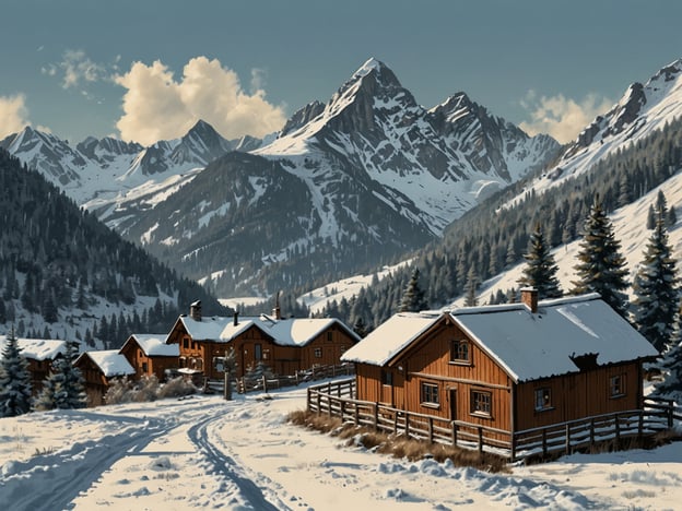 Auf dem Bild ist eine malerische Winterlandschaft zu sehen, die an das charmante St. Moritz erinnert. Die Szene zeigt rustikale Holzhäuser, die von einer sanften Schneedecke umgeben sind. Im Hintergrund erheben sich majestätische Berge, deren Gipfel mit Schnee bedeckt sind. Die Mischung aus schneebedeckten Fichten und den klaren Himmel vermittelt eine friedliche und idyllische Atmosphäre, die typisch für die Alpenregion ist.