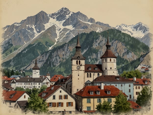 Auf dem Bild ist eine malerische Ansicht von Chur zu sehen, der ältesten Stadt der Schweiz. Die Stadt wird Dominiert von den charakteristischen Kirchtürmen, die historische Architektur widerspiegeln. Im Hintergrund erheben sich majestätische Berge, die von Schnee bedeckt sind, und die grüne Landschaft verstärkt den Eindruck der Alpenidylle. Die bunten Fassaden der Häuser und die roten Dächer verleihen der Szenerie ein einladendes, charmantes Ambiente. Diese Darstellung fängt die Schönheit und das Erbe von Chur in seiner historischen Umgebung ein.