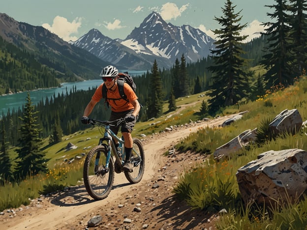 Auf dem Bild ist ein abenteuerlicher Mountainbiker zu sehen, der auf einem malerischen Wanderweg in den Bergen fährt. Die atemberaubende Landschaft zeigt grüne Wiesen, hohe Tannenbäume und majestätische Berge im Hintergrund. Ein glitzernder See schlängelt sich durch das Tal, was das Bild besonders lebendig macht. Diese Szenerie könnte perfekt für ein Abenteuer in Flims-Laax sein, wo Outdoor-Aktivitäten wie Mountainbiking, Wandern und Erkundungen der beeindruckenden Natur im Vordergrund stehen.