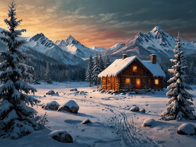 Auf dem Bild ist ein magisches Winterparadies zu sehen. Eine gemütliche Holzhütte steht im Vordergrund, umgeben von schneebedeckten Bäumen und steinigen, glitzernden Flächen. Im Hintergrund erheben sich majestätische Berge, die im sanften Licht der Dämmerung leuchten. Die warmen Fenster der Hütte strahlen eine einladende Atmosphäre aus und verstärken das Gefühl von Ruhe und Gemütlichkeit in dieser winterlichen Landschaft.