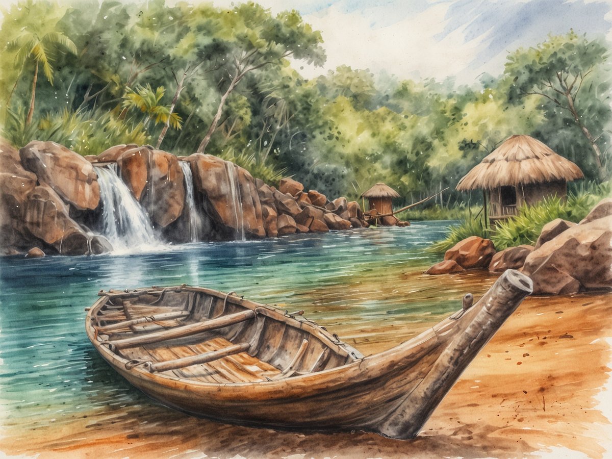 Ein traditionelles, hölzernes Boot liegt am Ufer eines klaren Gewässers, umgeben von üppiger, grüner Vegetation. Im Hintergrund sind sanfte, steinige Wasserfälle zu sehen, die in das ruhige Wasser plätschern. Auf der anderen Seite des Wassers stehen einige einfache, strohgedeckte Hütten, die in die natürliche Landschaft eingebettet sind. Die Szene strahlt Ruhe und naturnahe Lebensweise aus, ideal für eine Erfahrung in Uganda.