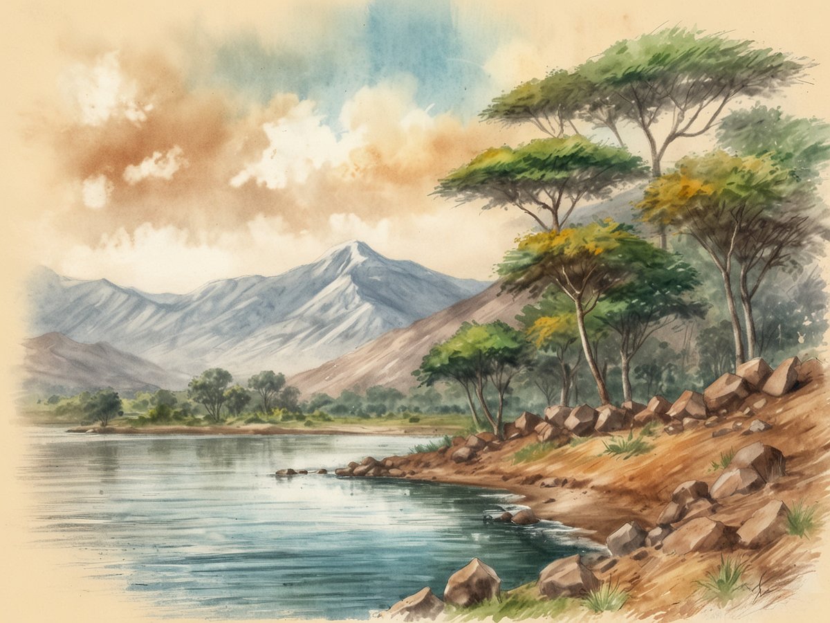 Eine malerische Landschaft mit einem ruhigen Gewässer im Vordergrund, umgeben von sanften Bergen im Hintergrund. Am Ufer wachsen zahlreiche grüne Bäume, die der Szenerie Tiefe verleihen. Steine liegen verstreut am Ufer, und die Farben des Himmels variieren zwischen sanften Blautönen und warmen Erdtönen, was eine friedliche und idyllische Atmosphäre schafft. Die Szene vermittelt ein Gefühl von Natur und Ruhe in Burundi, einem versteckten Juwel in Afrika.