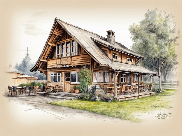 Auf dem Bild ist ein malerisches Holzhaus zu sehen, das im traditionellen Stil gebaut ist. Es hat ein schräges Dach und große Fenster. Vor dem Haus befinden sich Terrassen mit Tischen und Stühlen, umgeben von Grünflächen und Pflanzen. Im Hintergrund sind ein paar Bäume und eine verschwommene Landschaft zu erkennen. Das Gesamtbild vermittelt eine gemütliche und einladende Atmosphäre.