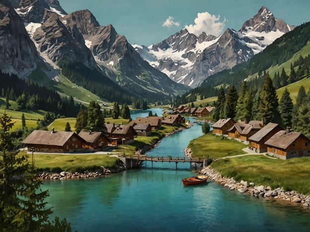 Auf dem Bild sieht man eine malerische Landschaft, die an das Wallis erinnert. Die hügelige Umgebung mit majestätischen Bergen im Hintergrund könnte den berühmten Gebirgen wie den Alpen sehr ähnlich sein. Im Vordergrund fließt ein klarer, blauer Fluss, der von einer kleinen Holzbrücke überspannt wird.

Diese Szenerie spiegelt typische Aktivitäten im Wallis wider, wie Wandern in den Alpen, Radfahren entlang der Flüsse oder das Entspannen in der Natur. Die idyllischen Holzhäuser deuten auf traditionelle alpine Architektur hin, was in vielen Dörfern des Wallis zu finden ist. Zudem könnte man hier Aktivitäten wie Fischen oder Bootfahren auf dem ruhigen Wasser unternehmen.