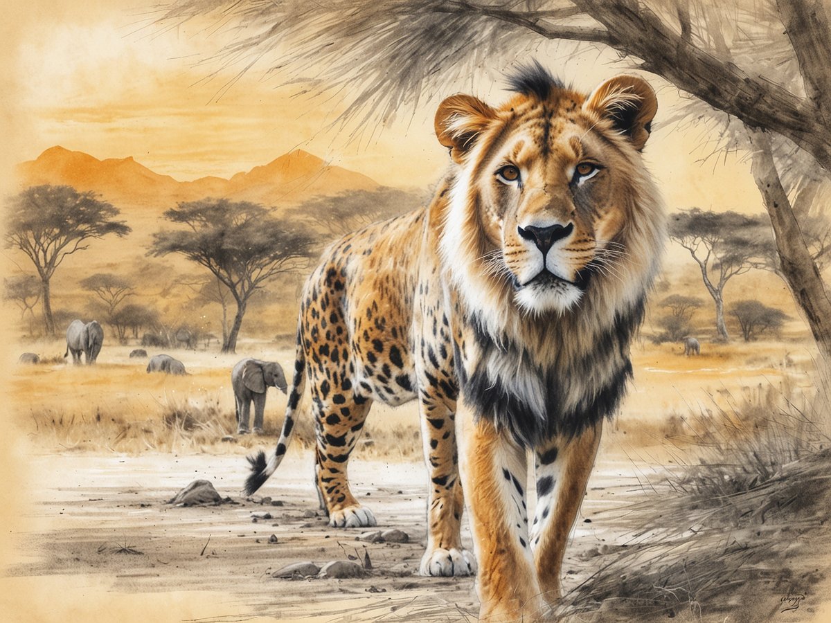 Ein majestätischer Löwe mit einem gepunkteten Körper ist im Vordergrund zu sehen, umgeben von einer weiten afrikanischen Landschaft. Im Hintergrund stehen einige Elefanten, die friedlich grasen, während sanfte Hügel und Baumgruppen die Szenerie prägen. Der Himmel hat einen warmen, goldenen Farbton, der die exotische und ruhige Atmosphäre der kenianischen Wildnis widerspiegelt.