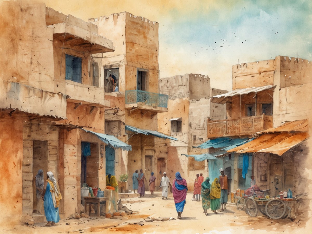 Eine malerische Straße in Somalia, geprägt von traditionellen, sandfarbenen Gebäuden mit blauen Fensterläden. Menschen verschiedener Geschlechter und Altersgruppen bewegen sich durch die Gassen, einige stehen an Ständen und interagieren miteinander. Markisen aus Stoff bieten Schatten, während einfache Tische mit Waren dekoriert sind. Die Landschaft strahlt eine warme, einladende Atmosphäre aus und zeigt das lebendige Treiben in einer kulturell reichen Umgebung. Der Himmel ist in sanften Farben gehalten und ergänzt das Gesamtbild einer dynamischen, aber ruhigen Gemeinschaft.