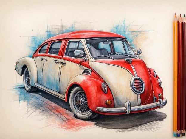 Auf dem Bild ist eine künstlerische Zeichnung eines nostalgischen Autos zu sehen. Es hat eine auffällige rot-weiße Lackierung und zeigt Details wie die Felgen und die Fenstergestaltung. Neben dem Auto sind mehrere Buntstifte in verschiedenen Farben angeordnet, was darauf hindeutet, dass es sich um eine Illustration oder ein Konzept handelt. Die Verwendung von Farben und Schattierungen verleiht dem Bild einen lebendigen und ansprechenden Charakter.