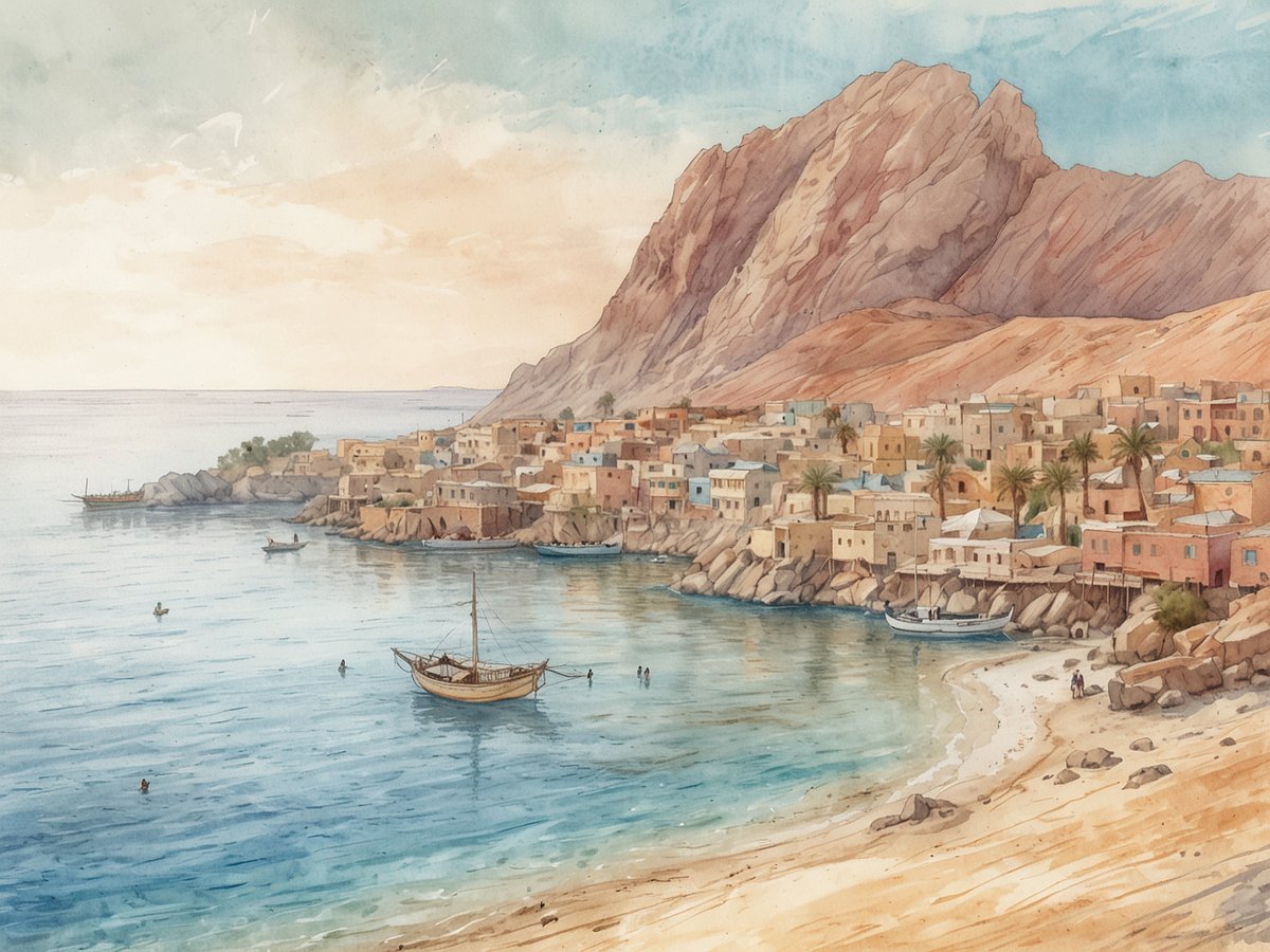 Eine malerische Küstenlandschaft am Roten Meer in Eritrea. Im Vordergrund sind sanfte Wellen und ein kleines Boot zu sehen, das an der ruhigen Küste ankert. Die Umgebung zeichnet sich durch eine goldene Sandbucht und Wasser mit verschiedenen Blautönen aus. Im Hintergrund erstrecken sich schroffe, bunte Berge, während eine traditionelle Architektur aus niedrigen Häusern in pastellfarbenen Tönen das Ufer säumt. Palmen ergänzen die tropische Atmosphäre, und einige Menschen sind im Wasser oder am Strand zu sehen.