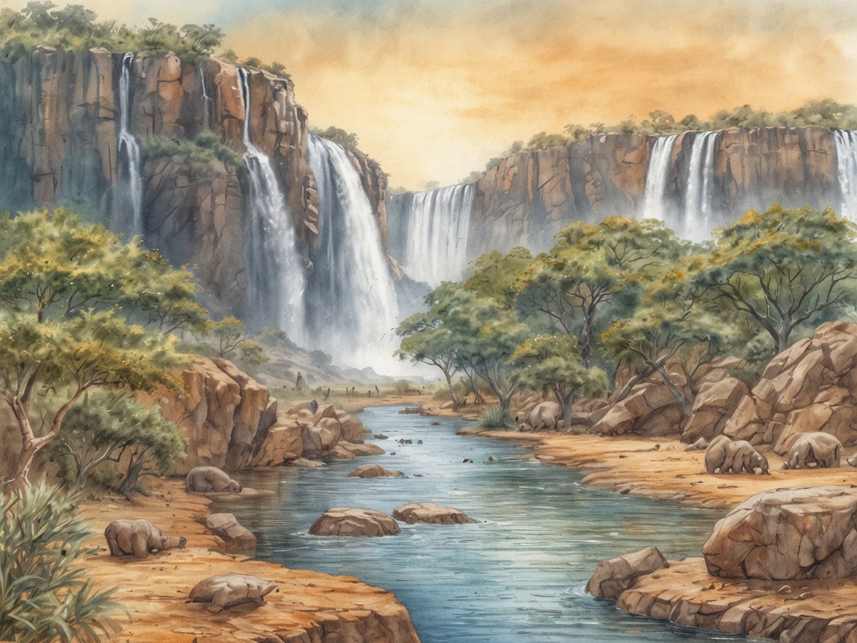 Eine malerische Landschaft in Simbabwe ist zu sehen, mit beeindruckenden Wasserfällen, die über hohe Felsen fließen. Im Vordergrund schlängelt sich ein ruhiger Fluss durch die Szenerie. Das Ufer ist von großen Steinen und sandigen Bereichen geprägt, wo einige Elefanten friedlich grasen. Im Hintergrund sind üppige grüne Bäume zu sehen, die die Felsen umgeben. Der Himmel ist in warmen Orange- und Gelbtönen gehalten, was eine traumhafte Atmosphäre schafft.