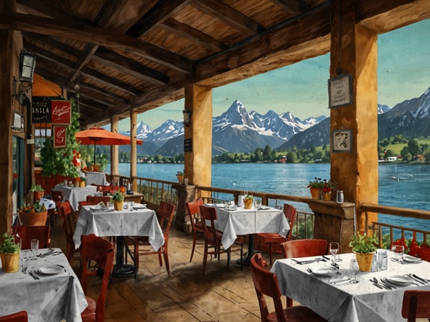 Auf dem Bild ist ein malerisches Restaurant mit einer Terrasse zu sehen, die einen atemberaubenden Blick auf einen See und die umliegenden Berge bietet. Die Tische sind schön gedeckt und umgeben von Pflanzen, was an ein einladendes kulinarisches Erlebnis erinnert.

In Locarno, wo die Landschaft ähnlich reizvoll ist, gibt es viele kulinarische Highlights. Zum Beispiel kann man frische Tessiner Spezialitäten wie Risotto, Polenta oder den berühmten Merlot genießen. Auch die lokale Gelassenheit bei einem Aperitif mit Blick auf den Lago Maggiore ist ein unvergessliches Erlebnis. In den Restaurants werden oft Zutaten aus der Region verwendet, was den Genuss der Speisen zusätzlich verstärkt.