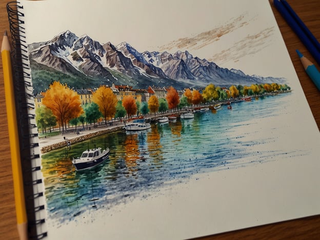 Auf dem Bild ist eine malerische Landschaft zu sehen, die eine malerische Uferpromenade mit Bäumen in herbstlichen Farben, ein ruhiges Gewässer und eine Bergkulisse darstellt. Es sieht aus wie eine Aquarellzeichnung von Montreux oder einer ähnlichen Gegend am Genfersee.

Die besten Zeiträume für Flüge nach Montreux sind in der Regel im Frühling (April bis Juni) und im Herbst (September bis Oktober), wenn das Wetter mild ist und viele Veranstaltungen stattfinden. Diese Zeiten bieten auch die Möglichkeit, die schönen Farben der Natur zu genießen und weniger Touristen anzutreffen.