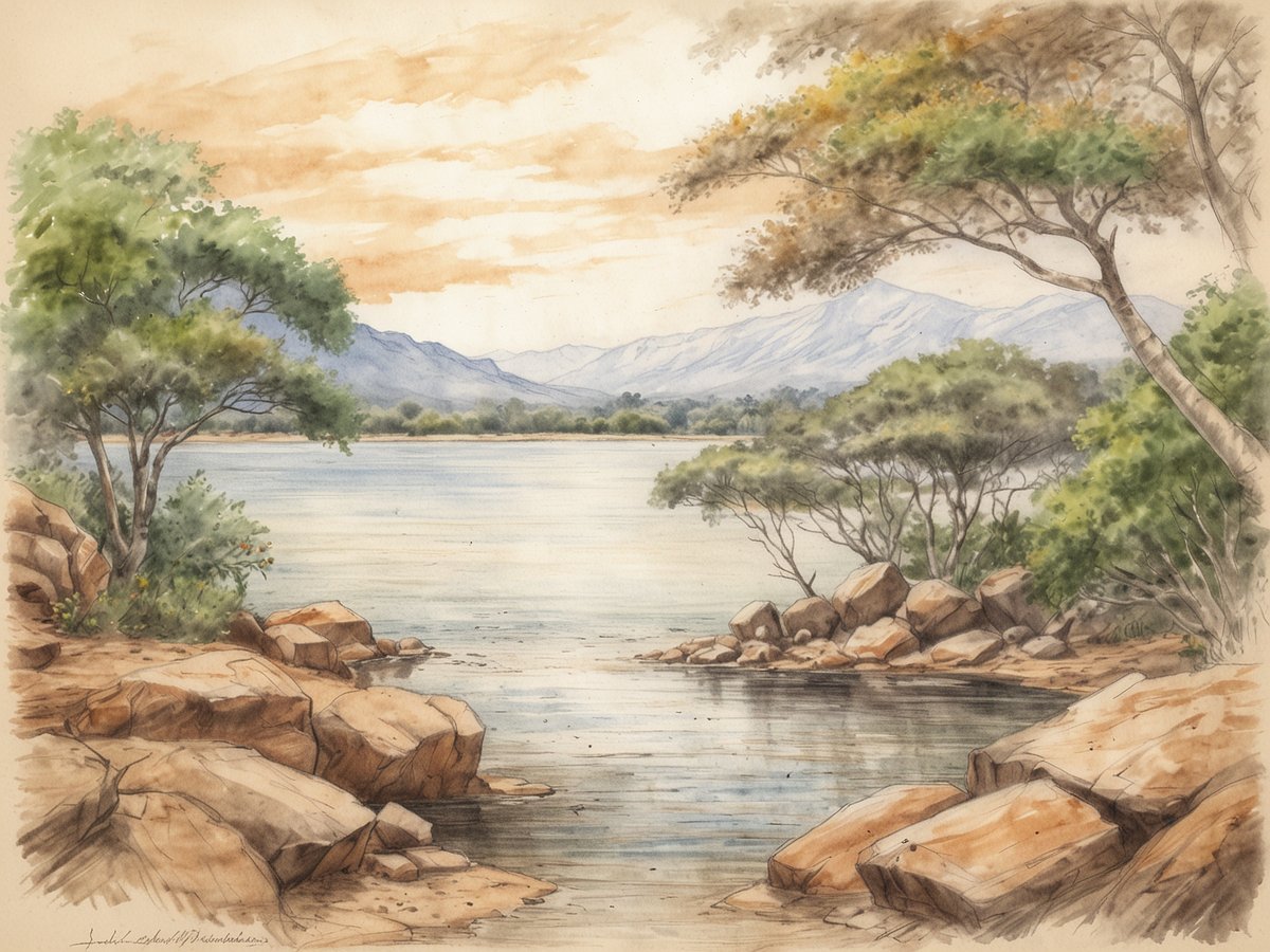 Eine ruhige Landschaft mit einem See, umgeben von sanften Hügeln und Bergen im Hintergrund. Am Ufer sind große Steine und einige grüne Bäume zu sehen, deren Blätter in verschiedenen Grüntönen leuchten. Der Himmel zeigt sanfte, orangefarbene und blaue Farbverläufe eines Sonnenuntergangs. Die Szene strahlt eine friedliche und idyllische Atmosphäre aus, perfekt für Naturliebhaber.