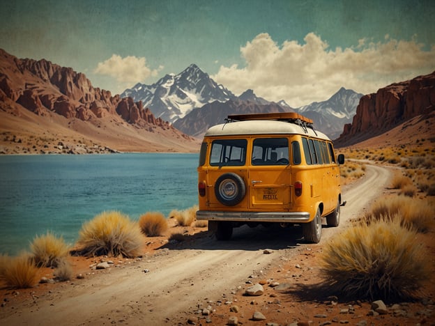 Auf dem Bild ist ein gelber Volkswagen Bus zu sehen, der auf einer abgelegenen Schotterstraße steht, die an einem türkisfarbenen See entlangführt. Im Hintergrund erheben sich majestätische Berge mit schneebedeckten Gipfeln. Die Umgebung ist durch eine trockene, wüstenähnliche Landschaft mit Sträuchern und trockenem Gras geprägt. Dieses Szenario ist ein wahres Paradies für Outdoor-Enthusiasten, die die Kombination aus Natur, Abenteuer und Freiheit schätzen.