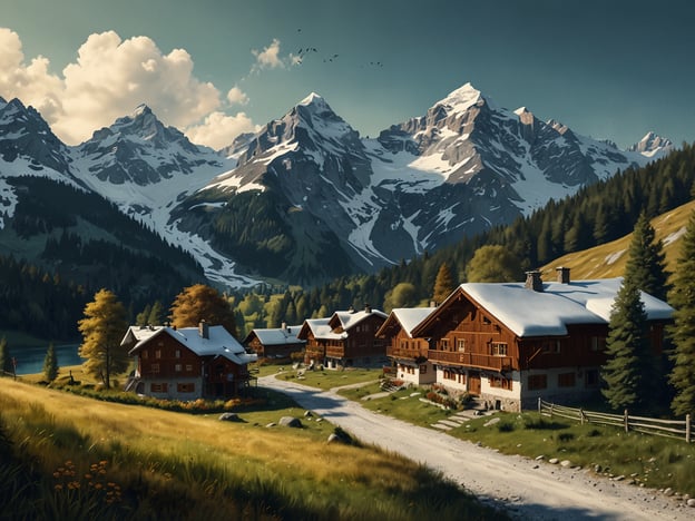 Auf dem Bild sieht man eine malerische alpine Landschaft, die sich perfekt für die Erlebnisse in Engelberg sowohl im Sommer als auch im Winter eignet. Im Vordergrund sind rustikale Holzhäuser zu sehen, umgeben von grünen Wiesen und Bäumen. In der Hintergrundlandschaft erheben sich majestätische, schneebedeckte Berge, die typisch für die Region sind. 

Im Sommer kann man die blühenden Wiesen genießen, während im Winter die verschneiten Berge ideale Bedingungen für das Skifahren und Snowboarden bieten. Engelberg ist bekannt für seine beeindruckenden Landschaften und vielfältigen Freizeitmöglichkeiten in jeder Jahreszeit.