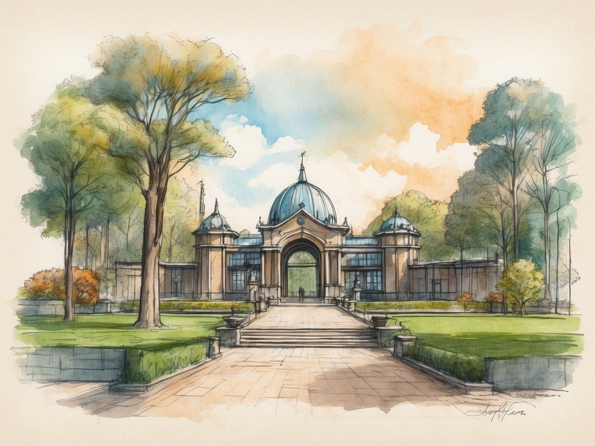 Das Bild zeigt eine malerische Ansicht des Aachener Tierparks Euregiozoo. Im Vordergrund ist ein gepflasterter Weg zu sehen, der zu einem großen, architektonisch ansprechenden Eingangsbereich führt. Dieser ist mit einer markanten Kuppel und zwei seitlichen Türmen gestaltet. Umgeben ist das Gebäude von gepflegten Grünflächen und hochgewachsenen Bäumen, die eine einladende Atmosphäre schaffen. Der Himmel ist in sanften Blau- und Orangetönen gehalten, was dem Gesamtbild eine friedliche Stimmung verleiht.