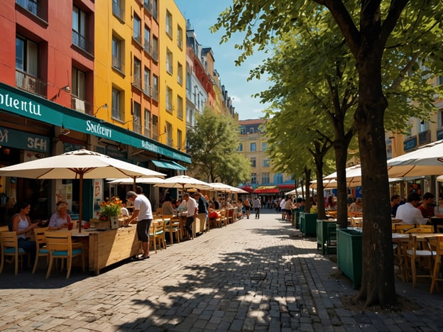 Auf dem Bild ist eine belebte Straße mit bunten Gebäuden und vielen Außensitzplätzen von Cafés und Restaurants zu sehen. Diese Art von Atmosphäre ist typisch für viele europäische Städte, besonders in Bereichen, die als Sehenswürdigkeiten gelten. 

Einige Sehenswürdigkeiten, die du nicht verpassen solltest, sind:

1. **Die Altstadt** – Oft mit vielen engen Gassen und historischen Bauwerken, ideal für einen gemütlichen Spaziergang.
2. **Die Markthalle** – Hier findest du lokale Spezialitäten und frische Produkte.
3. **Parks oder Plätze** – Beliebte Orte zum Entspannen, oft mit wunderschönen Bäumen und Blumen.
4. **Kulturelle Einrichtungen** – Museen oder Theater, die die lokale Kultur und Geschichte widerspiegeln.

Diese Orte sind großartig, um die Atmosphäre der Stadt zu genießen und das lokale Leben kennenzulernen!