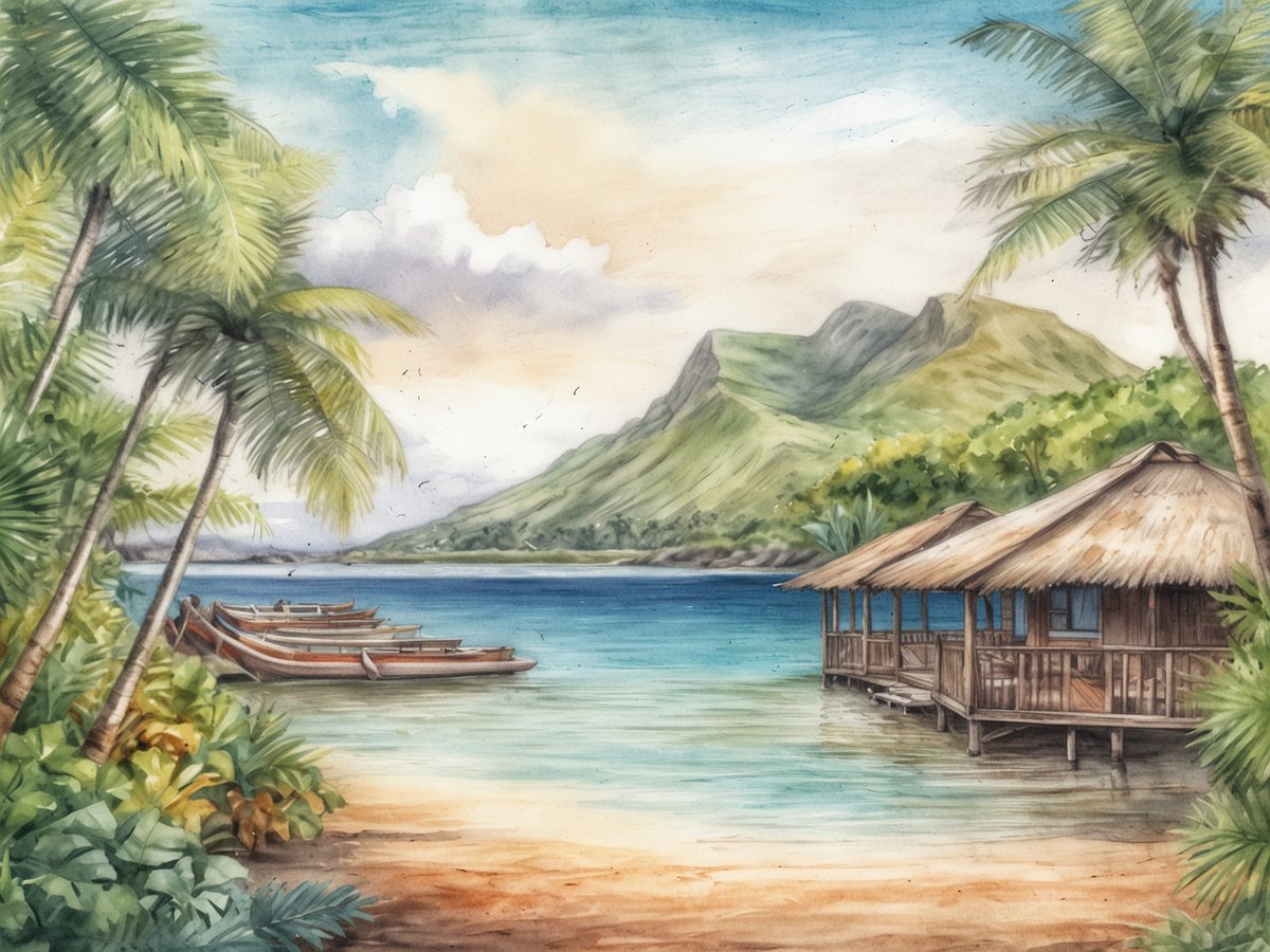 Ein malerischer Blick auf einen tropischen Strand in Mauritius, das sanfte Wasser des Indischen Ozeans spiegelt die Farben des Himmels wider. Im Vordergrund stehen mehrere traditionelle Holzboote am Ufer, umgeben von üppigem Grün und Palmen. Im Hintergrund erhebt sich eine hügelige Landschaft, während ein gemütliches, strohgedecktes Holzhaus direkt am Wasser steht. Der Himmel ist leicht bewölkt und vermittelt eine entspannte Urlaubsatmosphäre.