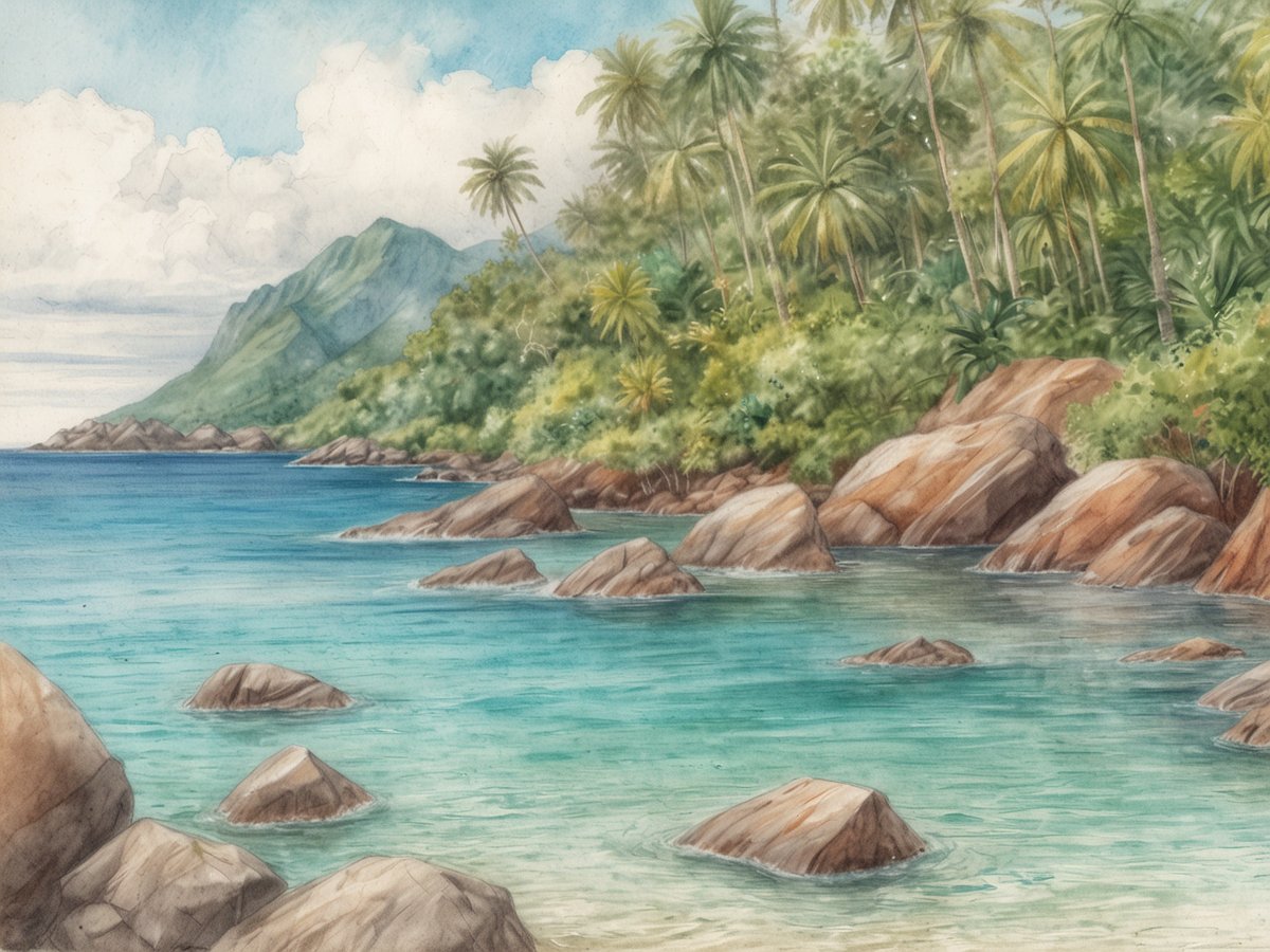 Eine malerische Küstenlandschaft der Seychellen zeigt sanfte Wellen, die an glatten Felsen und feinen Sandstrand plätschern. Im Hintergrund erhebt sich eine grüne Berglandschaft, während üppige Palmen und tropische Vegetation die Küste säumen. Der Himmel ist teilweise bewölkt und gibt einen Blick auf die herrlichen Farben des verfügbaren Wassers, das von einem klaren, leuchtenden Blau bis zu sanften Türkistönen reicht. Ein ideales Bild für einen Rückzugsort im Paradies.
