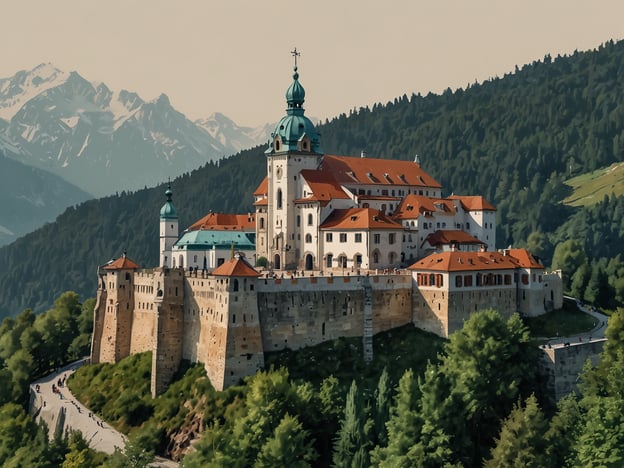 Auf dem Bild ist eine beeindruckende Burg oder ein Kloster zu sehen, das auf einem Hügel oder einer Anhöhe liegt. Die Architektur wirkt historisch und monumental, mit verschiedenen Türmen und einem markanten Kupferdach. Umgeben von einer malerischen Landschaft, scheinen im Hintergrund die Alpen zu stehen, was eine dramatische Kulisse bietet. Die Anlage ist von Bäumen umgeben, und einige Wege zeigen Besucher, die die Umgebung erkunden. Insgesamt vermittelt das Bild den Charme und die Geschichte eines bedeutenden Bauwerks in einer idyllischen Naturlandschaft.