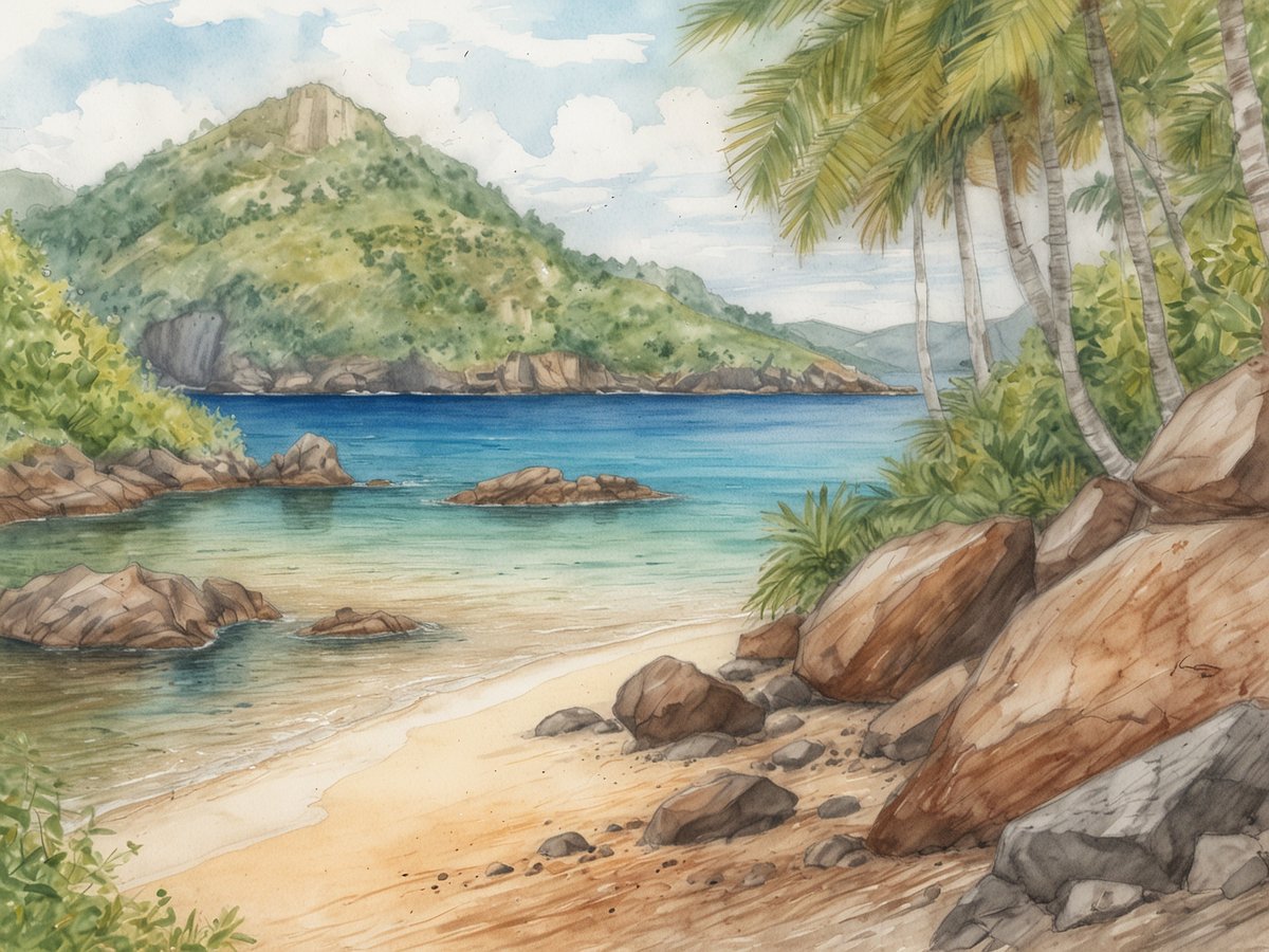 Ein malerischer Blick auf eine tropische Küstenlandschaft bei Mayotte. Im Vordergrund befinden sich große, runde Steine und feiner Sandstrand, der sanft ins klare türkisfarbene Wasser übergeht. Der Hintergrund zeigt üppig grüne Hügel und Palmen, unter einem hellen, wolkigen Himmel. Die ruhige See reflektiert das Licht und sorgt für eine entspannte Urlaubsatmosphäre.