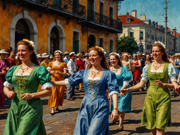 Auf dem Bild sind fröhliche Menschen zu sehen, die in farbenfrohen, historischen Kleidern einen Festumzug oder eine Feierlichkeit genießen. Diese Art von kulturellem Erlebnis erinnert an traditionelle Festivals, bei denen Tänze, Musik und Gemeinschaftsaktivitäten im Mittelpunkt stehen. Solche Veranstaltungen sind oft Teil von regionalen Festen, die lokale Bräuche und Traditionen feiern, wie zum Beispiel Erntefeste, Karnevals oder historische Feste. Die festliche Atmosphäre und die lebhaften Farben spiegeln den Spaß und die Freude wider, die bei solchen Anlässen üblich sind.